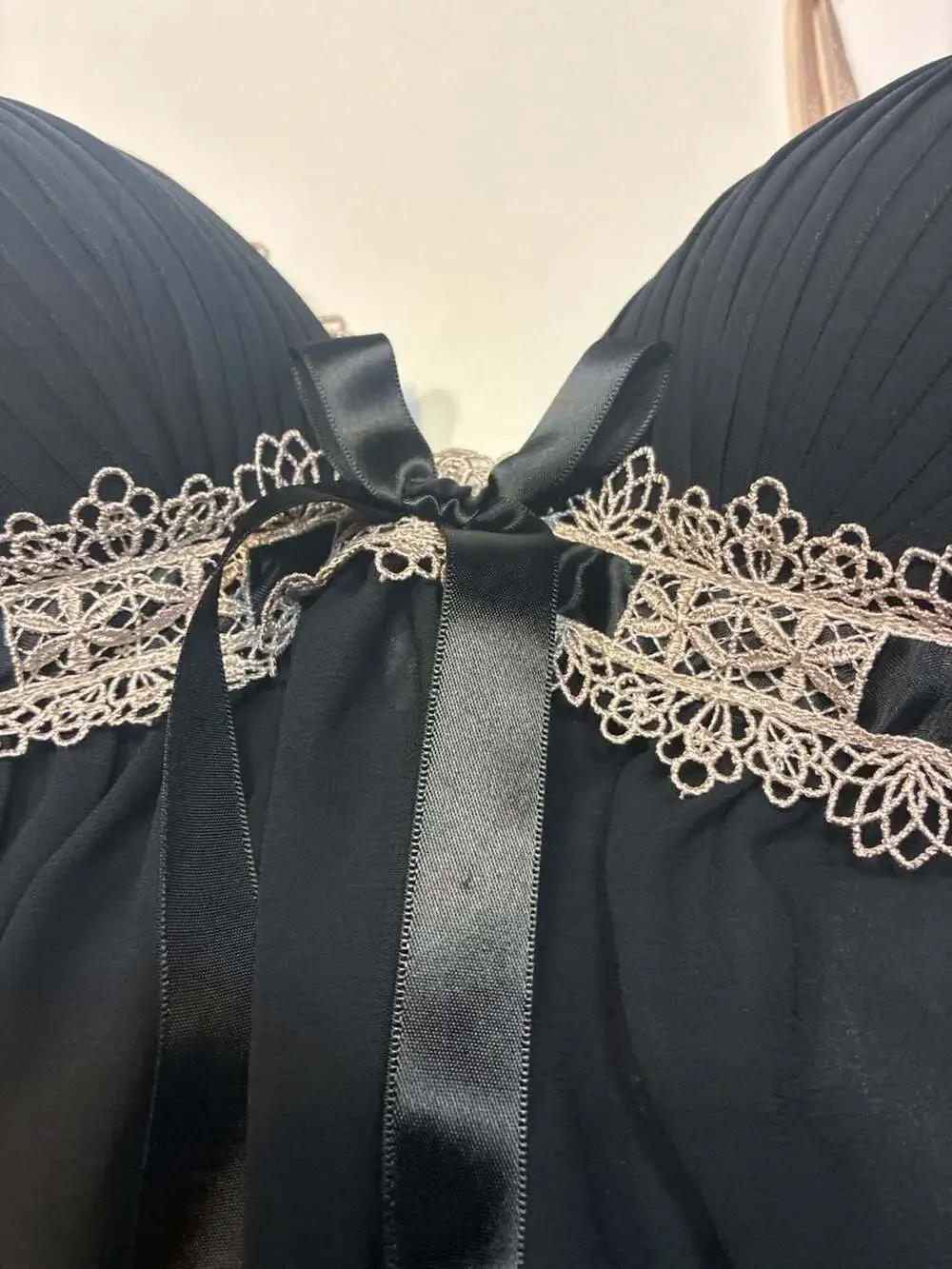 Linea Donatella Black Babydoll Chemise Nightie with Lace and Bow